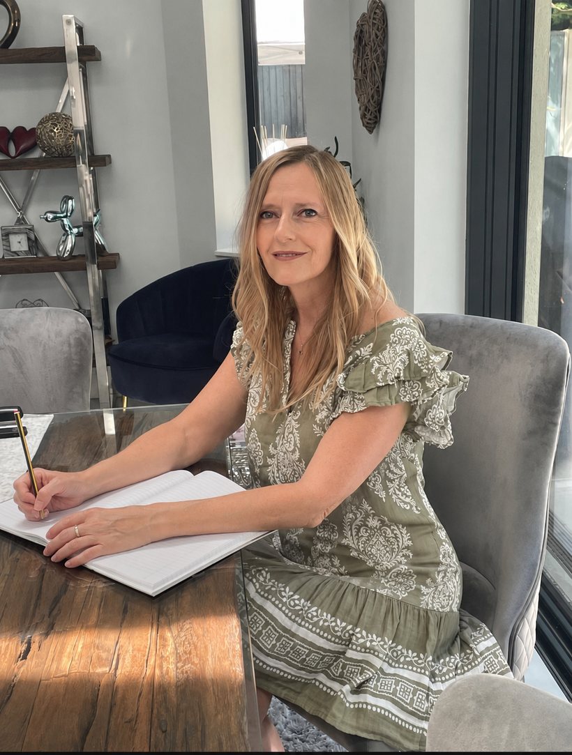 Louise writing at her desk